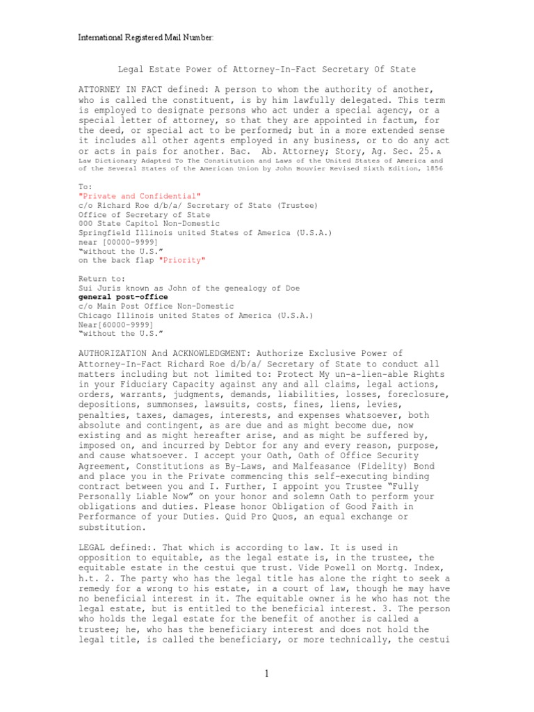 Authorize Power of AttorneyInFact To Trustee of Cestui Que Trust