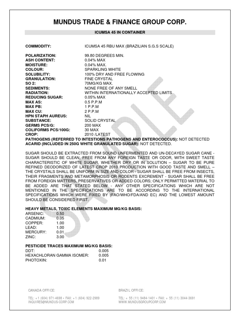 ICUMSA 45 Sugar Specifications | PDF