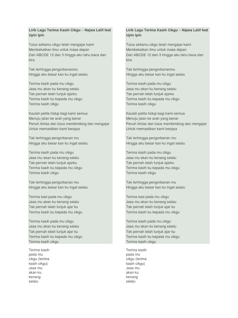 Lirik Lagu Terima Kasih Cikgu