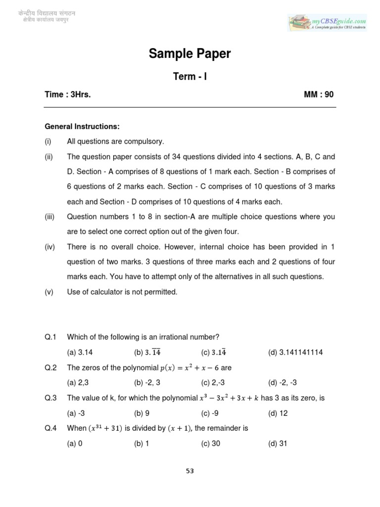 CBSE Class 09 Mathematics Sample Paper-1 (For 2013) | PDF