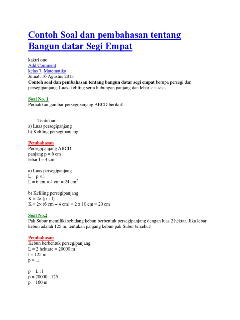 Contoh Soal dan pembahasan tentang Bangun datar Segi Empat ...