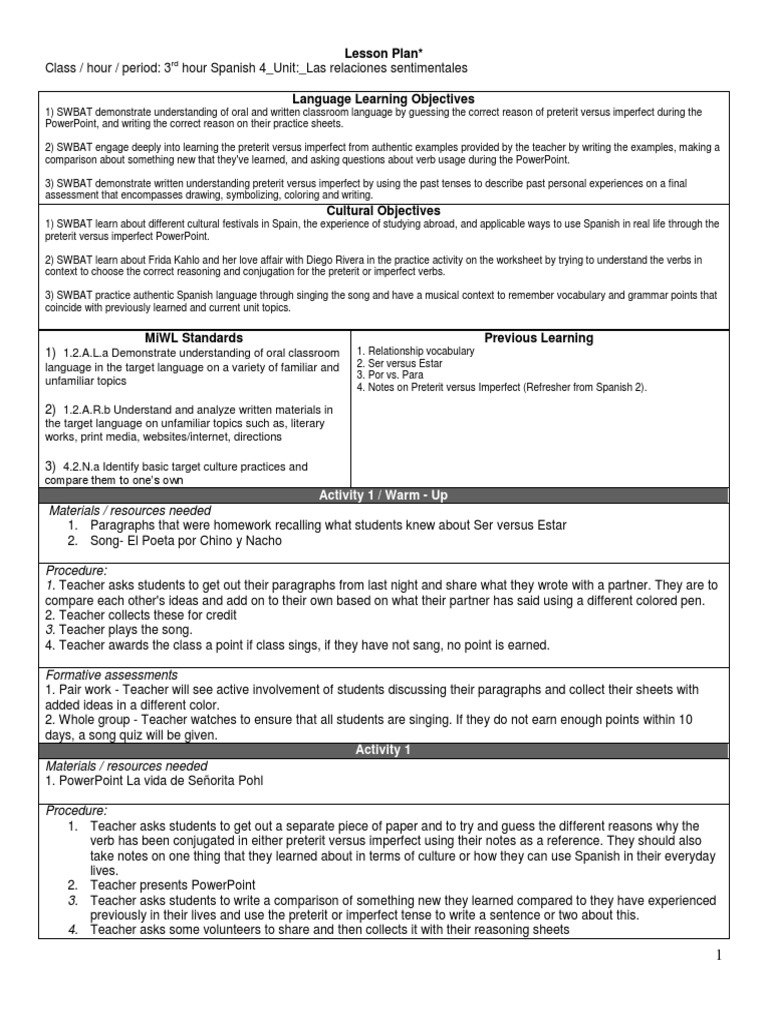 Lesson Plan For Portfolio Edit 4a Lesson Plan Grammatical Tense
