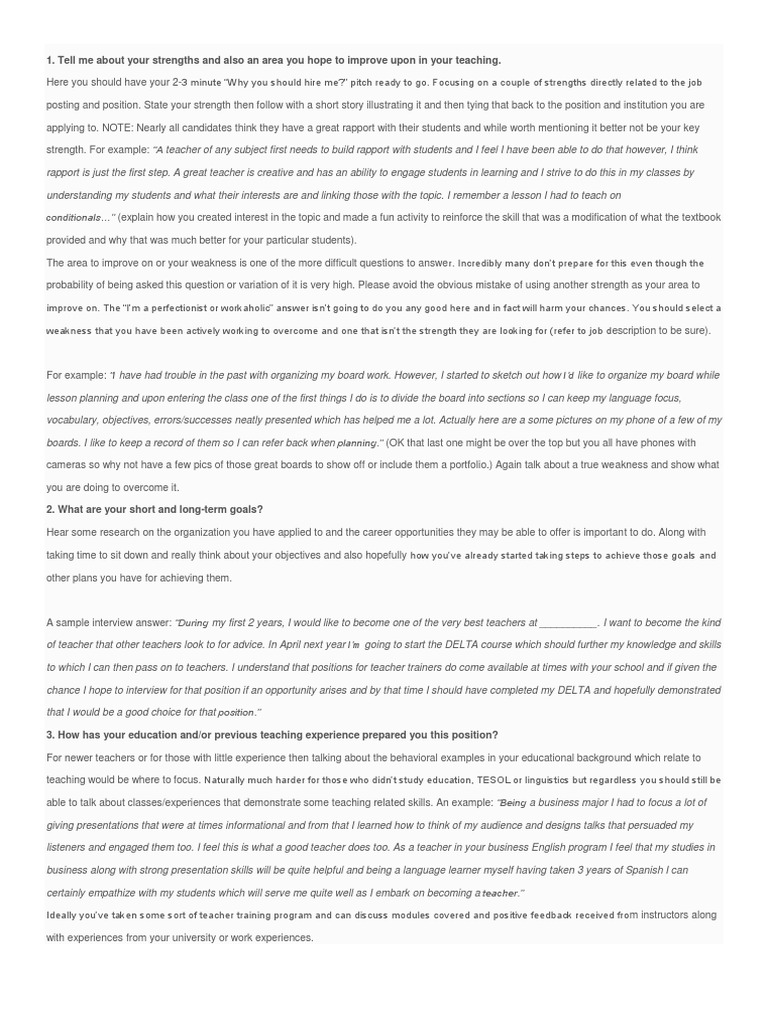 ESL Teacher Interview Preparation Guide | PDF | English As A Second Or ...