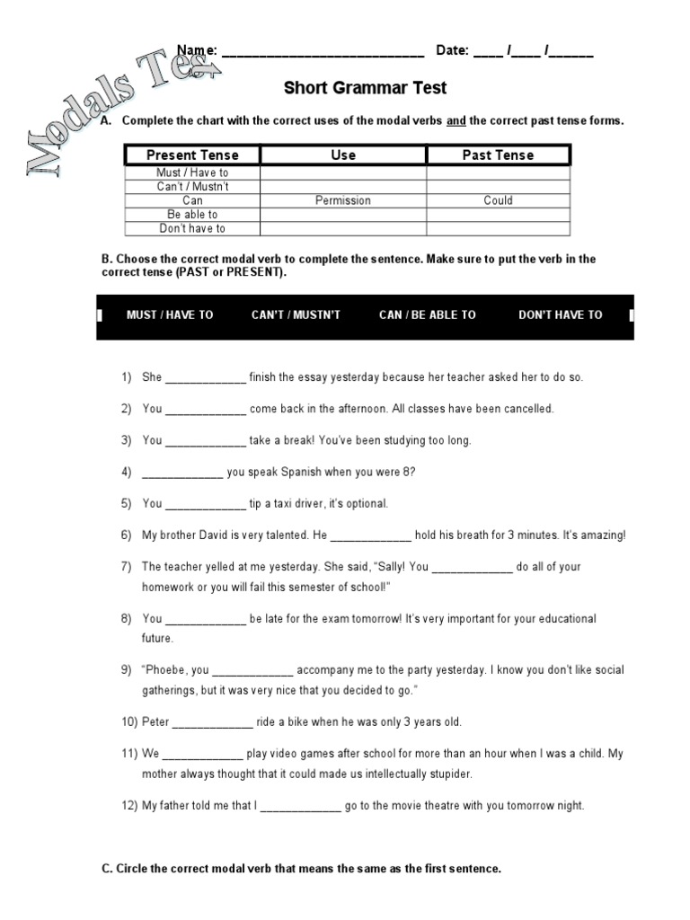 Modal Verbs Grammar Test Worksheet | PDF