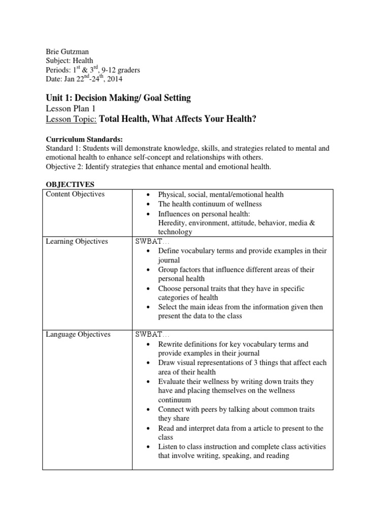 Unit 1 Lesson Plan 1 - Total Health What Affects Your Health | Lesson