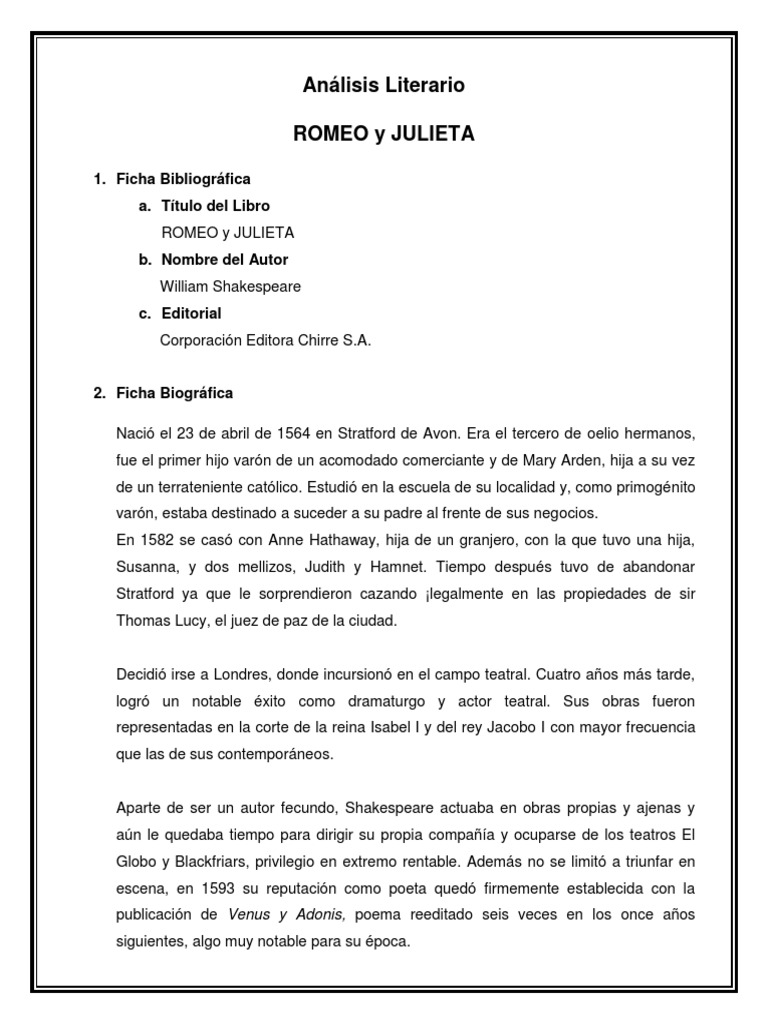 Análisis Literario Romeo y Julieta William Shakespeare Romeo y Julieta