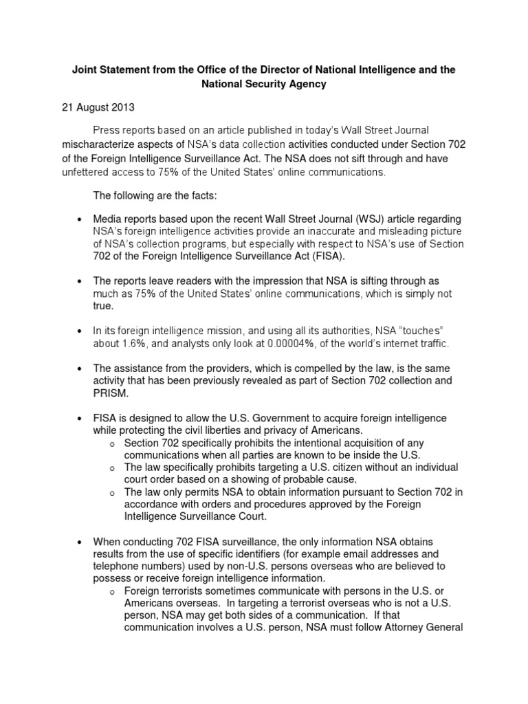 2013 08 21 Joint Statement ODNI NSA | PDF | National Security Agency ...
