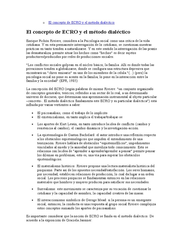 El Concepto de ECRO y El Método Dialéctico (De Pichon Riviere) | PDF ...