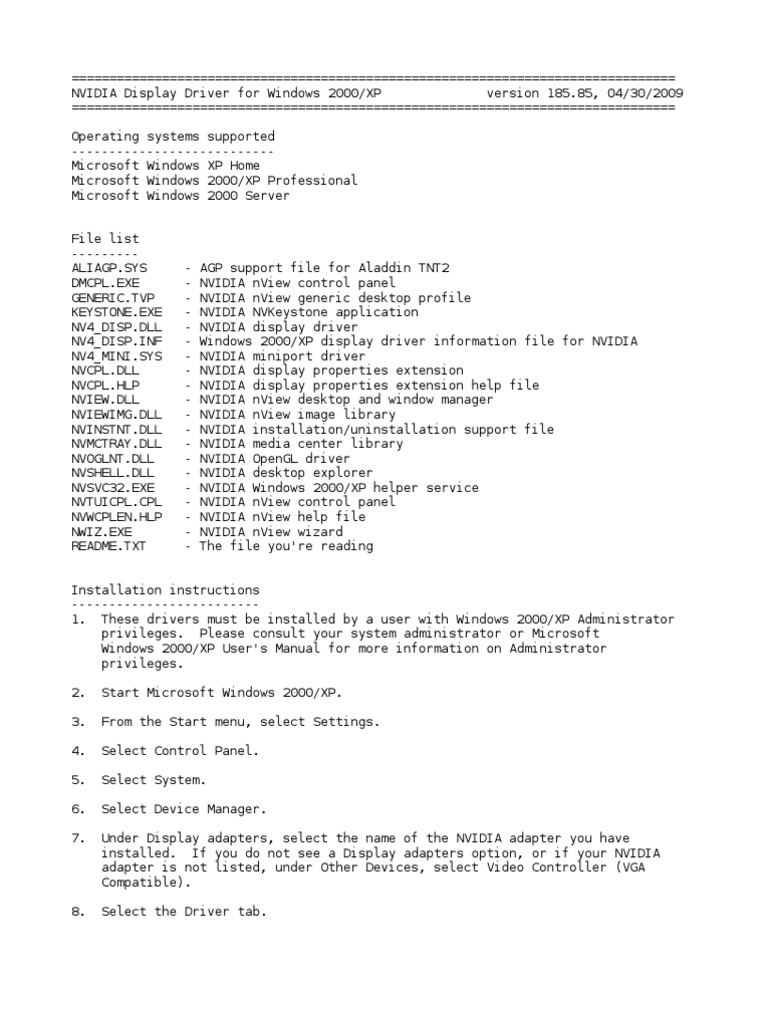 NVIDIA Display Driver For Windows 2000/XP Version 185.85, 04/30/2009 ...