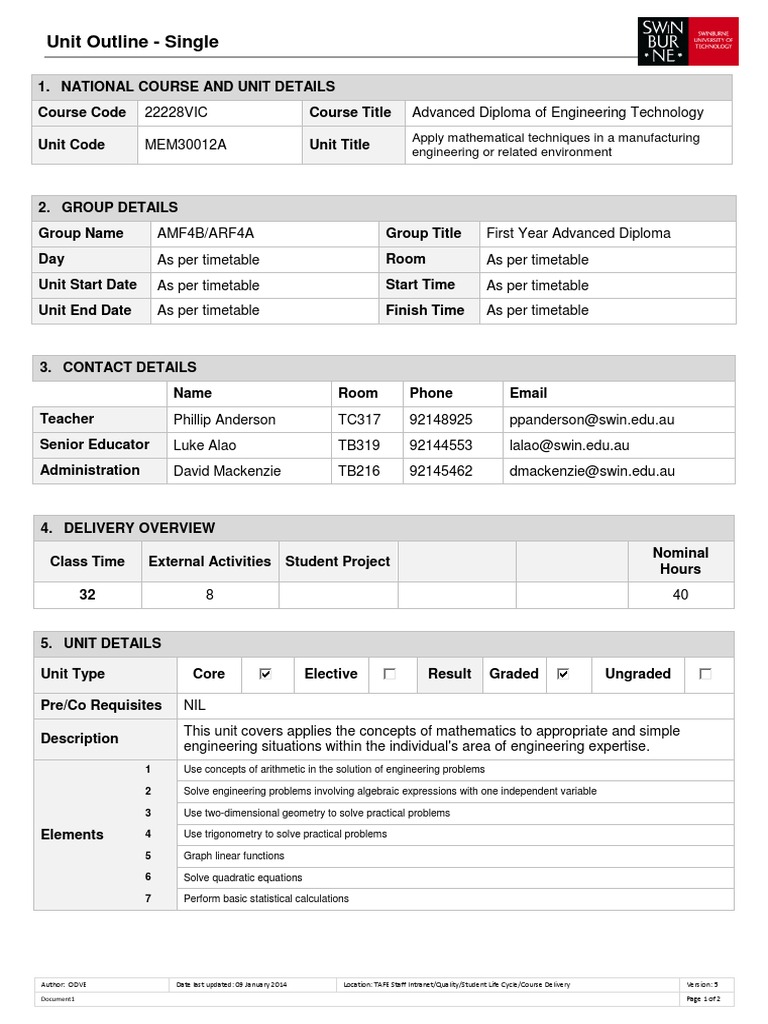 MEM30012A-AMF4A-ARF4A Unit Outline | PDF | Area | Teaching Mathematics