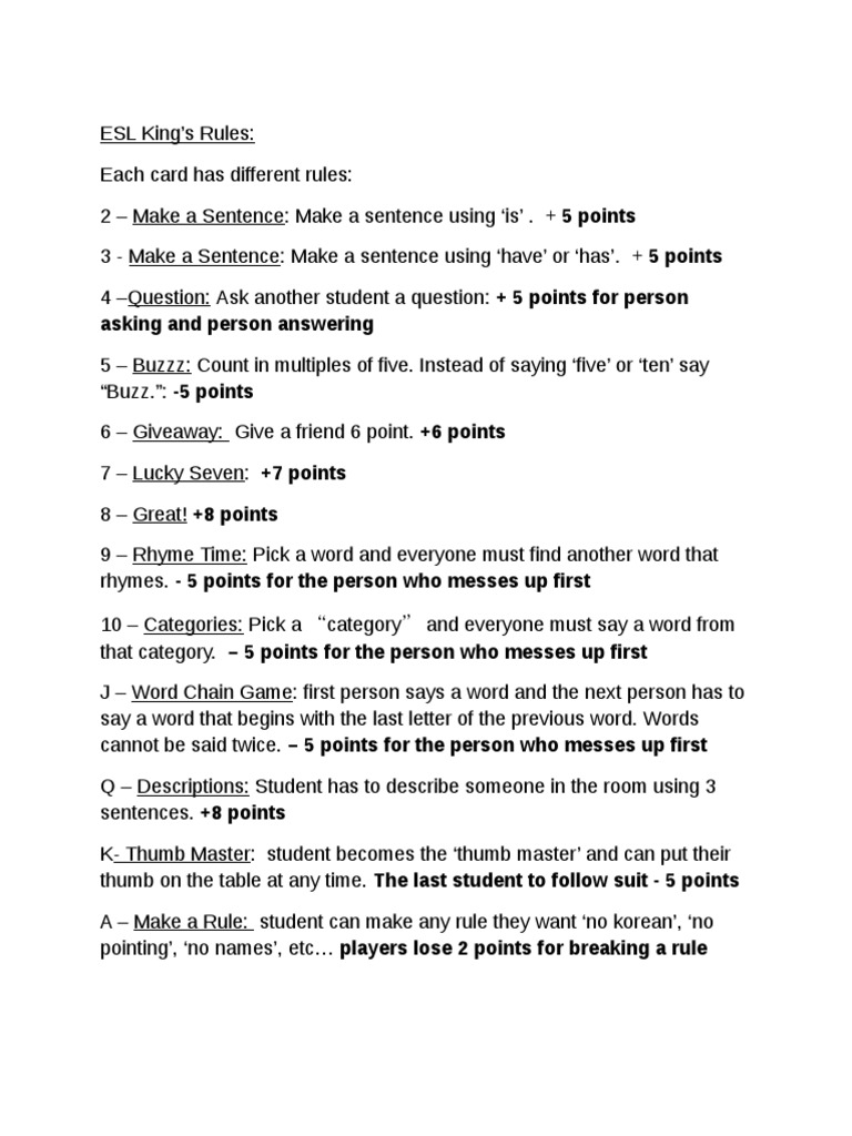 ESL Card Game Rules for Learning | PDF