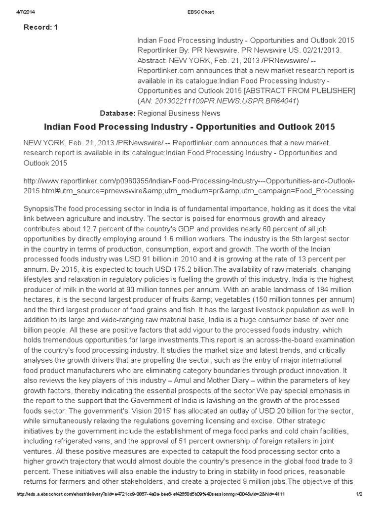 Indian Food Processing Industry 2015 Pdf Food Industry Foods 