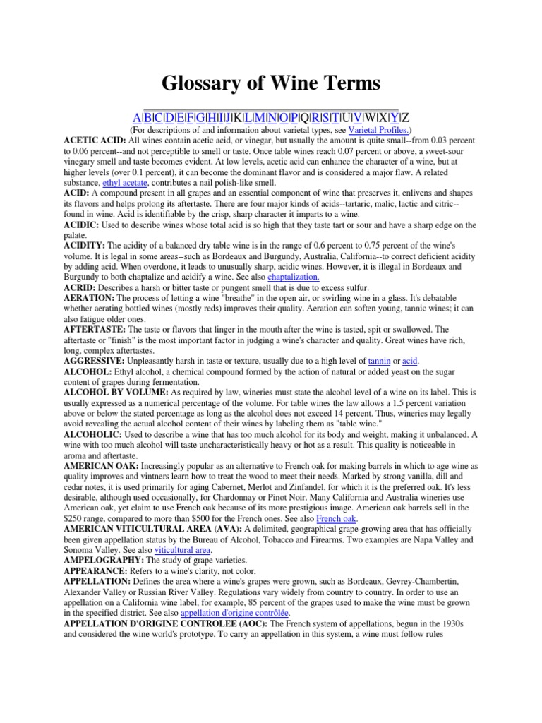 Glossary Wine Terms PDF Wine Phenolic Content In Wine