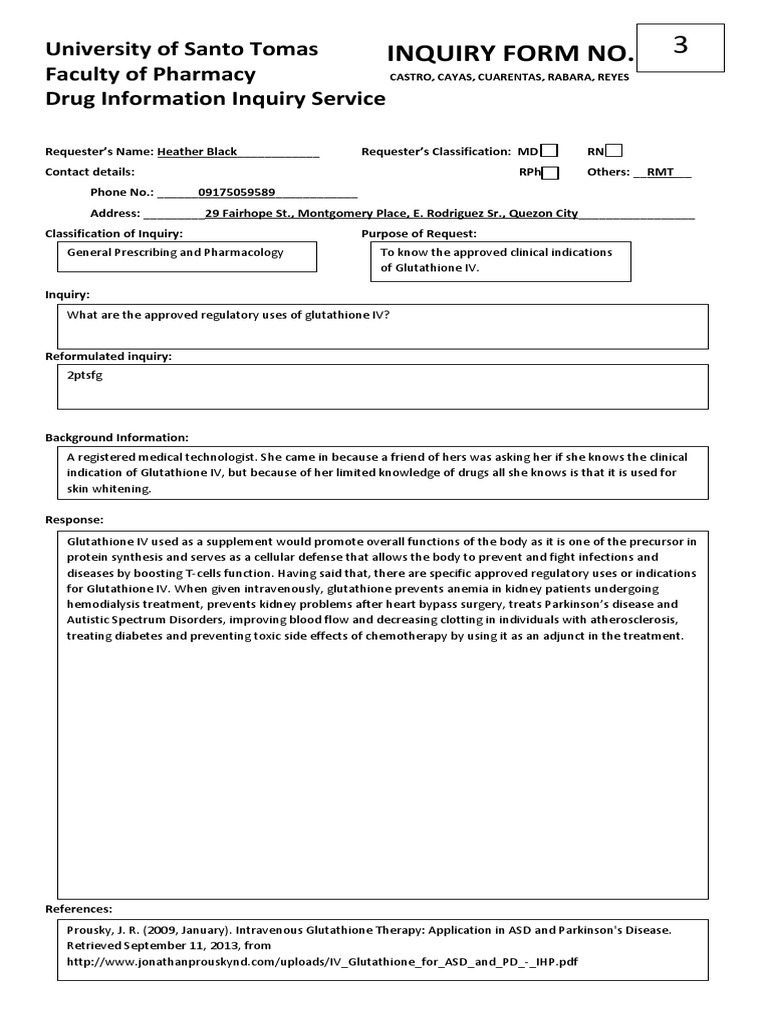 Glutathione IV Inquiry Response Form | PDF