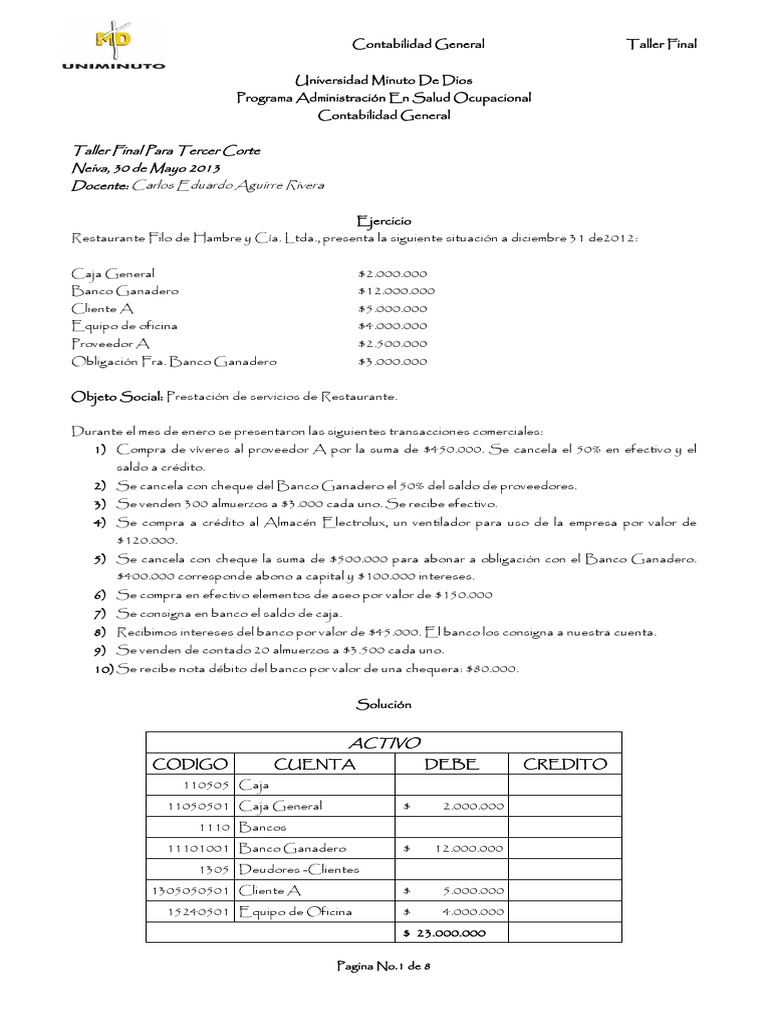 Taller Final Contabilidad | PDF | Bancos | Estado de resultados