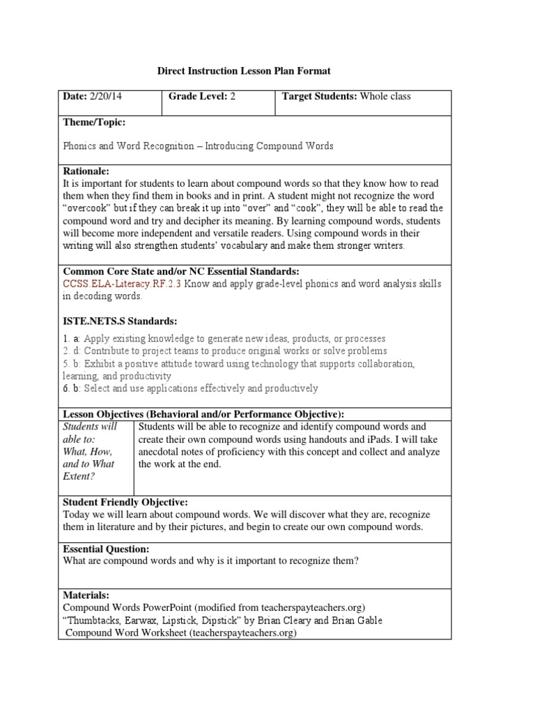 Compound Words Lesson Plan Cognition Psychology
