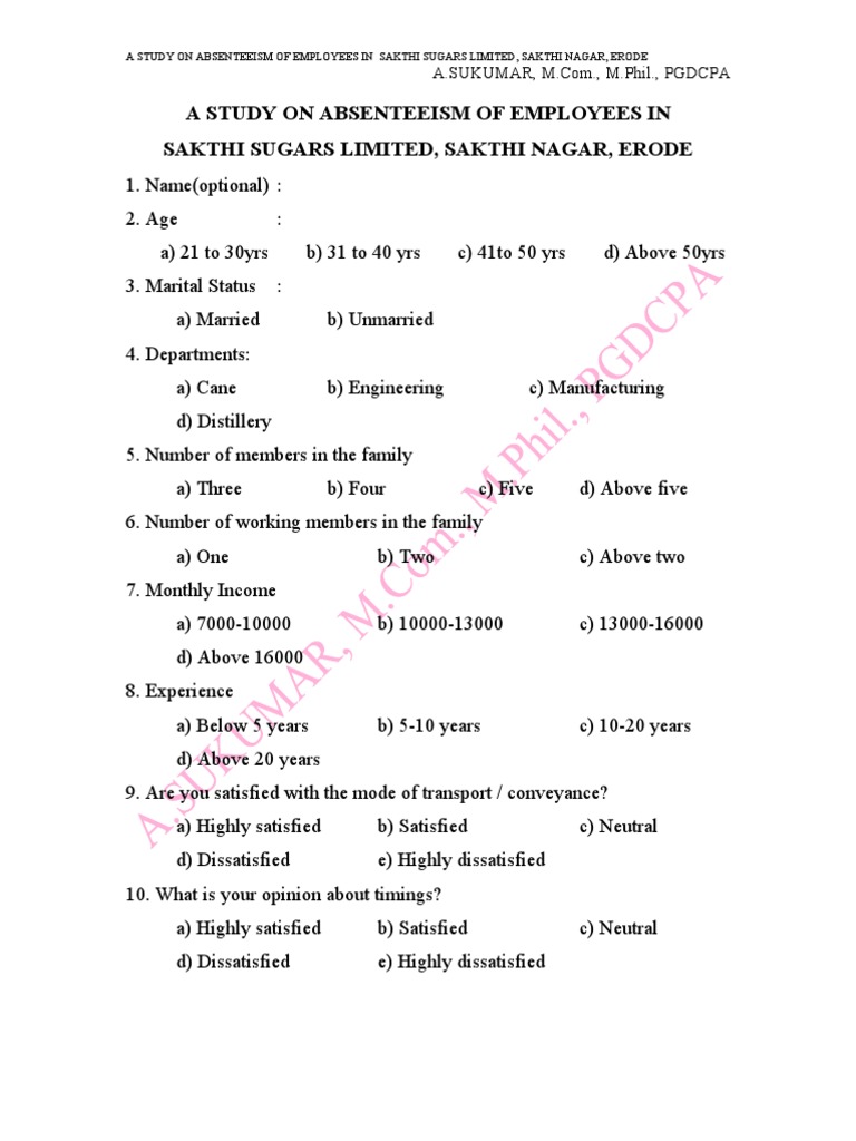A Study on Absenteeism of Employees in Sakthi Sugars 