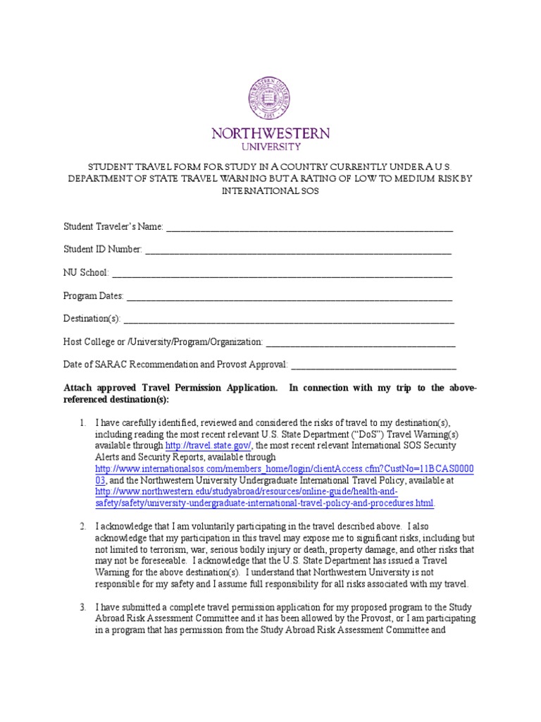Student Travel Form for Low-Medium Risk Areas | PDF | United States ...