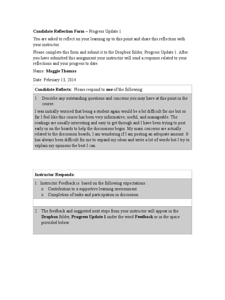 Candidate Reflection Progress Update | PDF