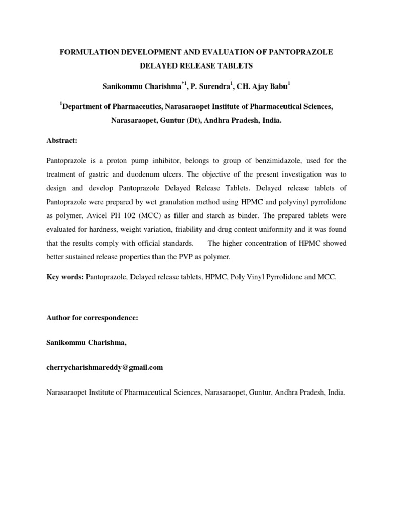 Pantoprazole Delayed Release Tablet Development | PDF | Tablet ...