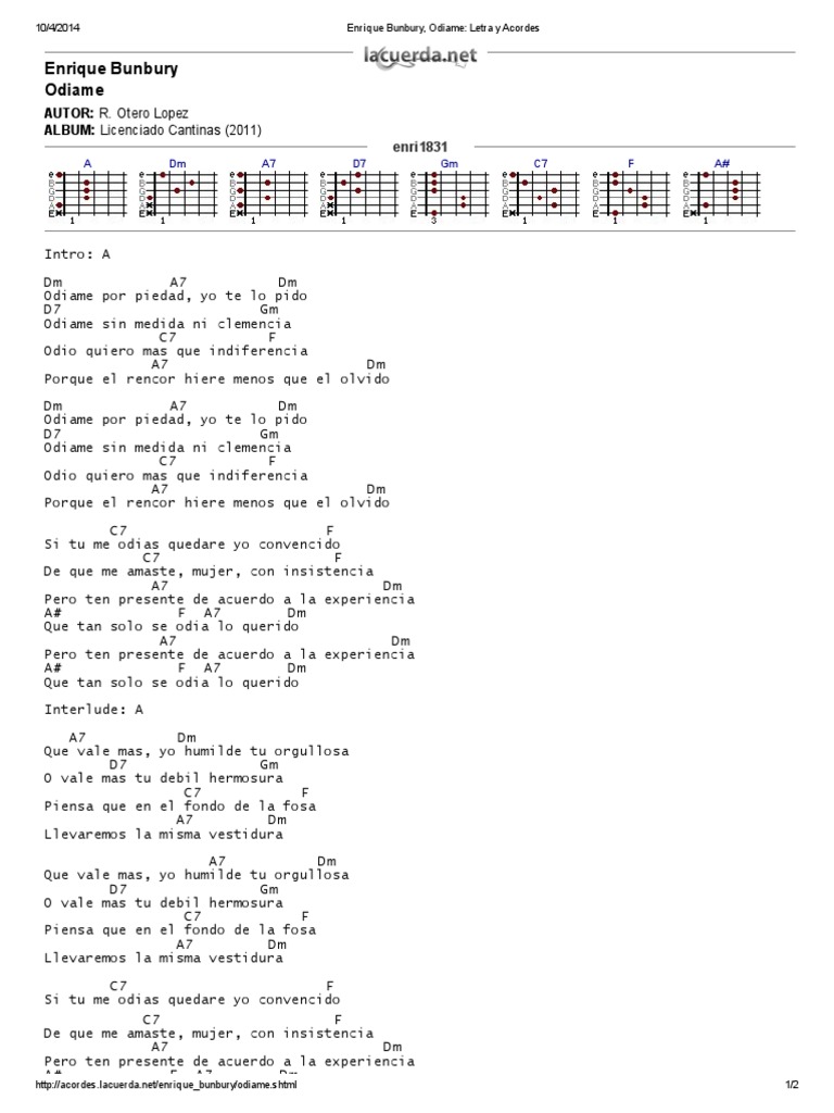 Enrique Bunbury, Odiame Letra y Acordes PDF Entretenimento (geral)