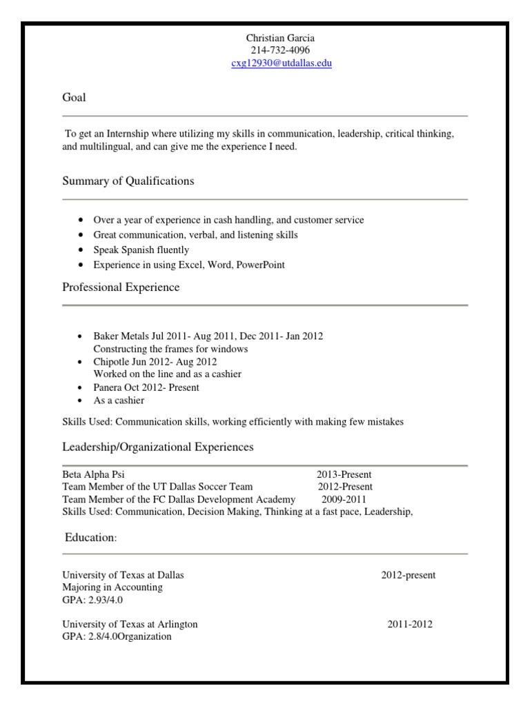 UT Dallas Internship Resume Template | PDF