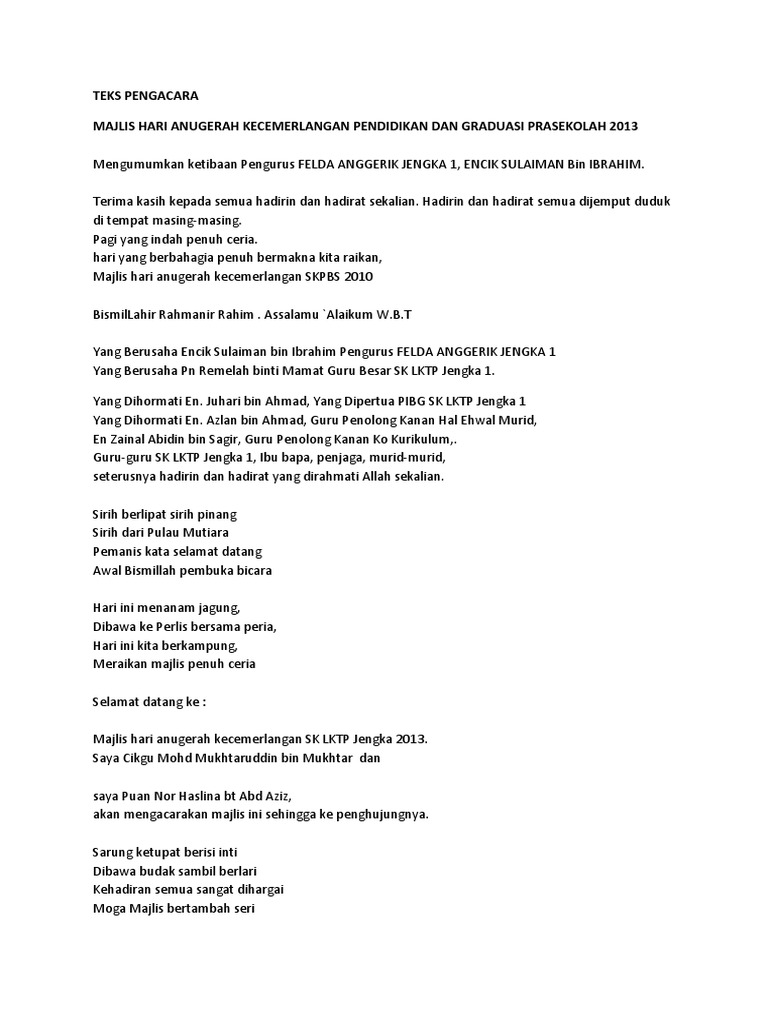 Contoh Teks Pengacara Majlis Hari Anugerah Kecemerlangan 2013 Unedit