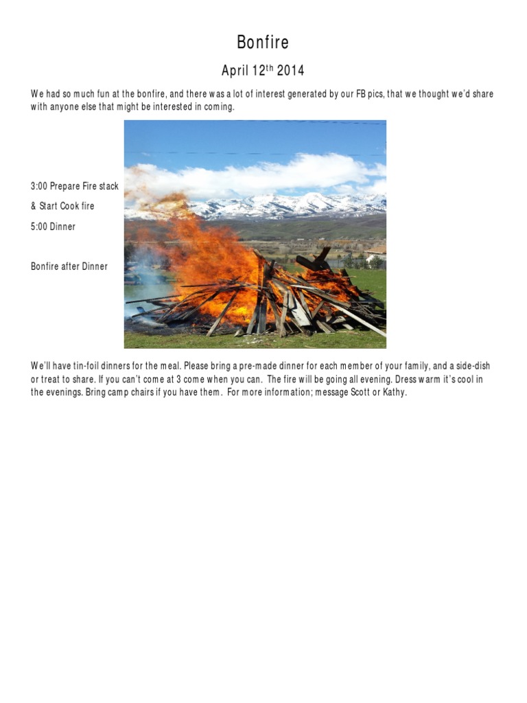 Bonfire Gathering Details and Tips | PDF | Cooking, Food & Wine
