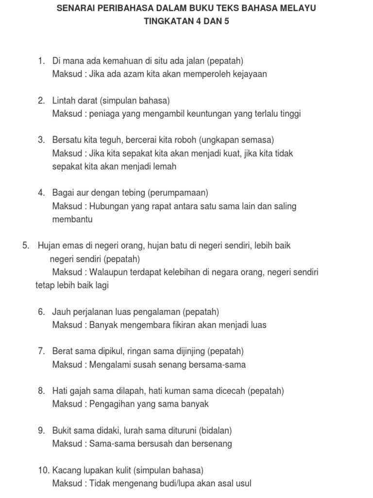 Senarai Peribahasa Dalam Buku Teks Bahasa Melayu Tingkatan 4
