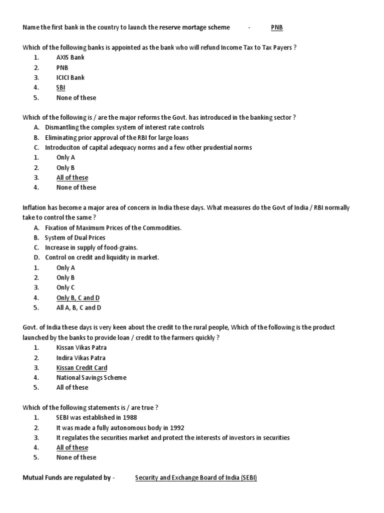 Banking MCQ PDF Money Supply Reserve Bank Of India