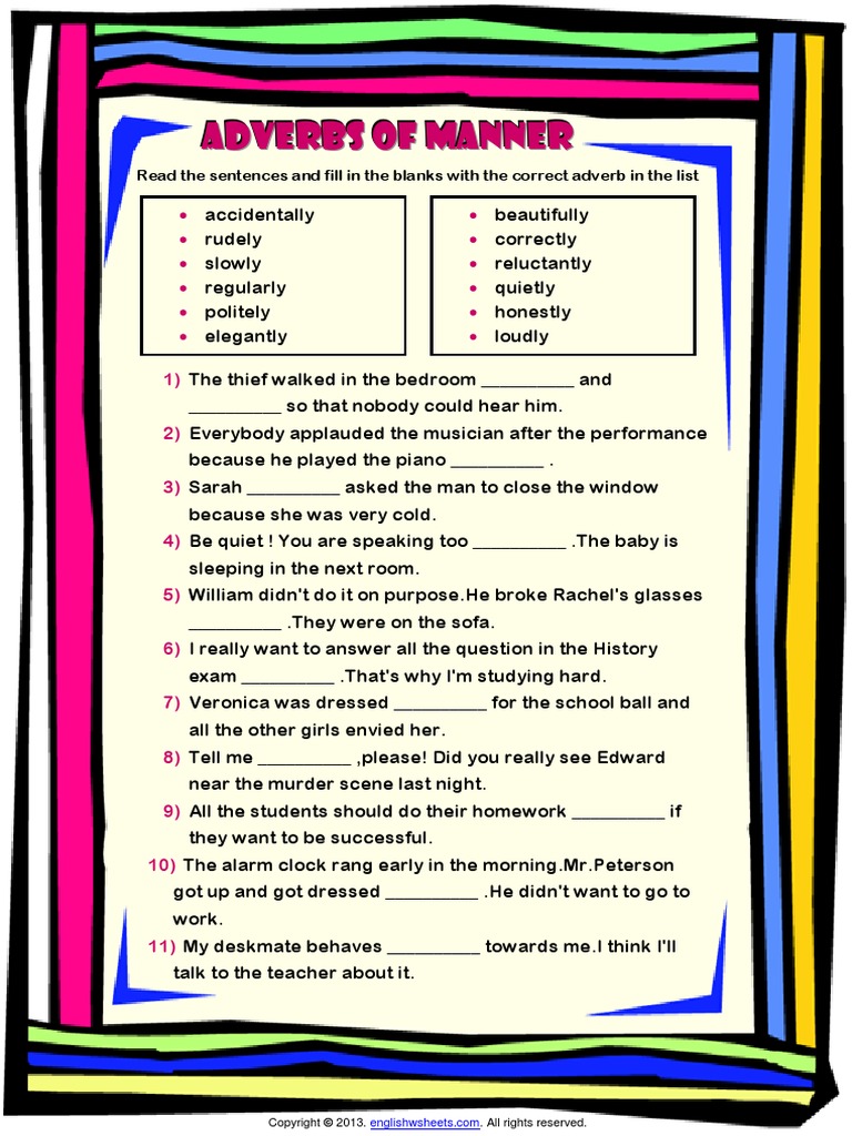 Adverb Fill In The Blank Worksheet