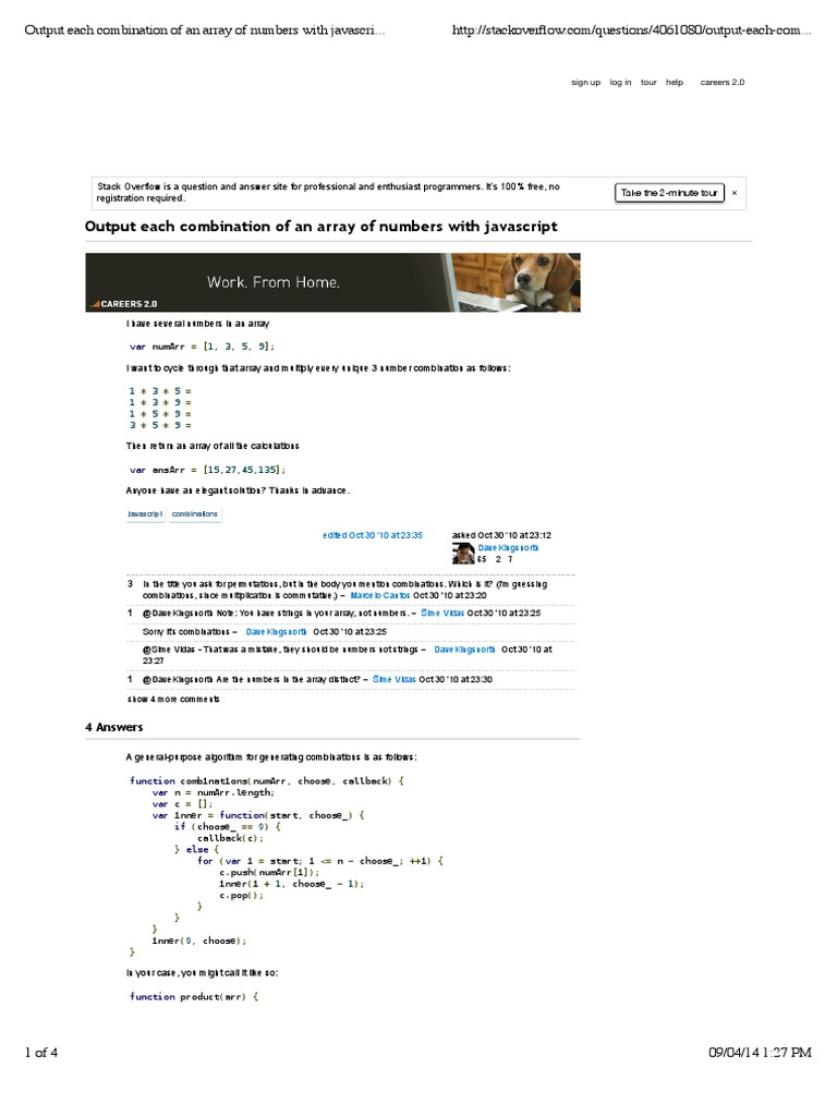 Output Each Combination of An Array of Numbers With Javascript Stack