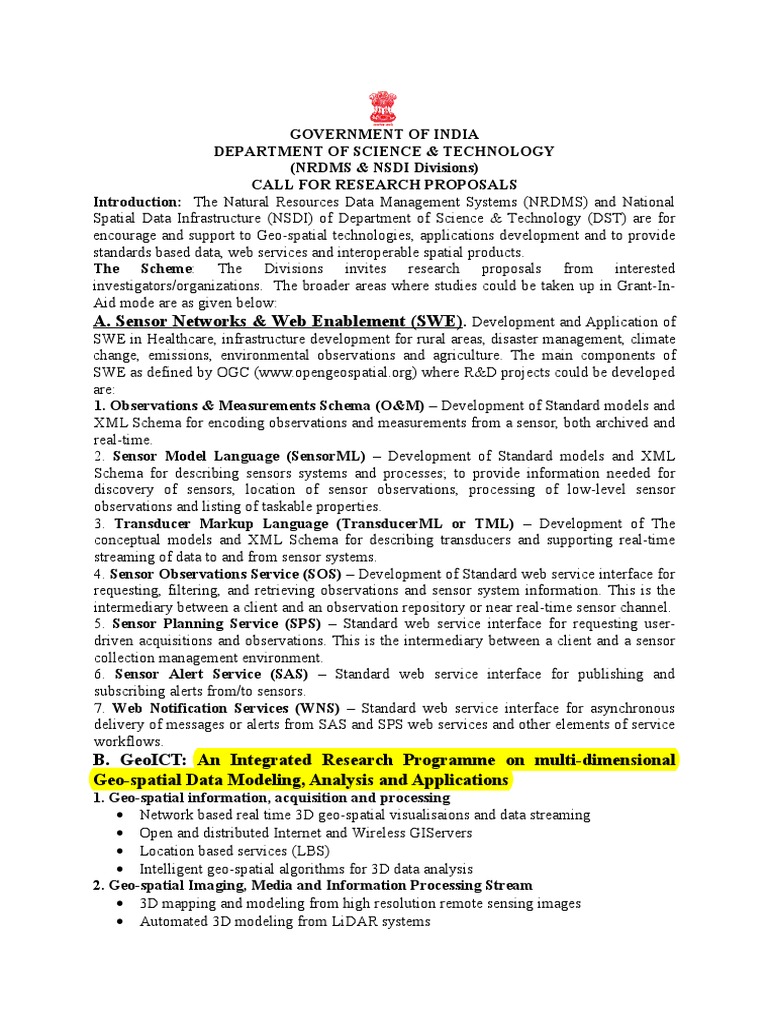 Department of Science & Technology (Nrdms & Nsdi Divisions) Call For