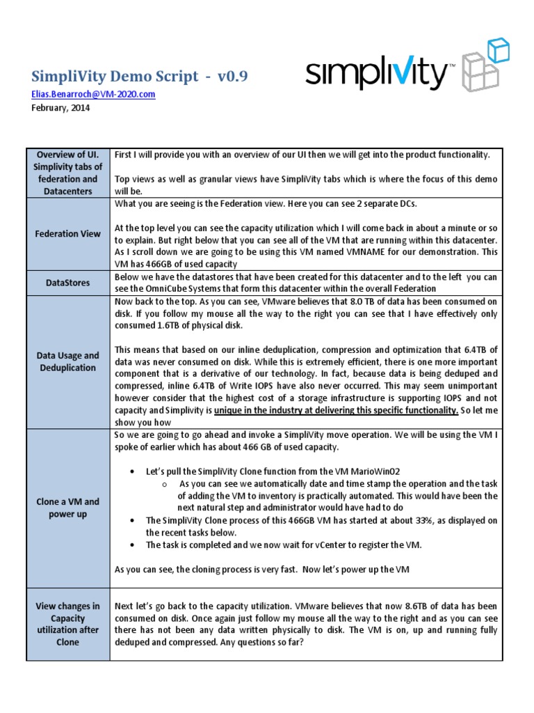 SimpliVity Demo Script Overview | PDF | Data Center | Computer Engineering