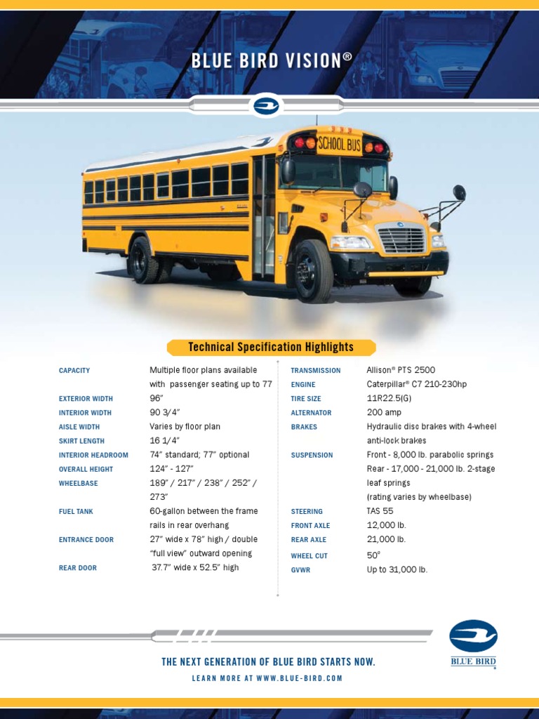 Blue Bird Vision School Bus Specification Sheet (Cat Engine) Door