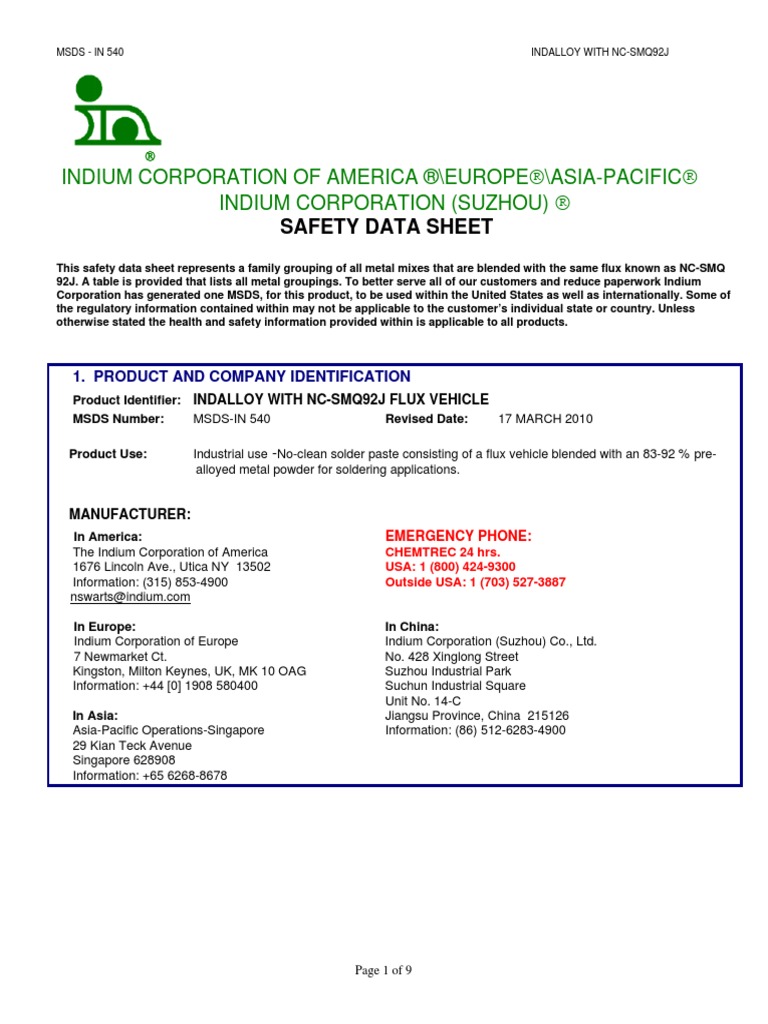 Indalloy With Nc-smq92j | PDF | Lead | Chemical Substances