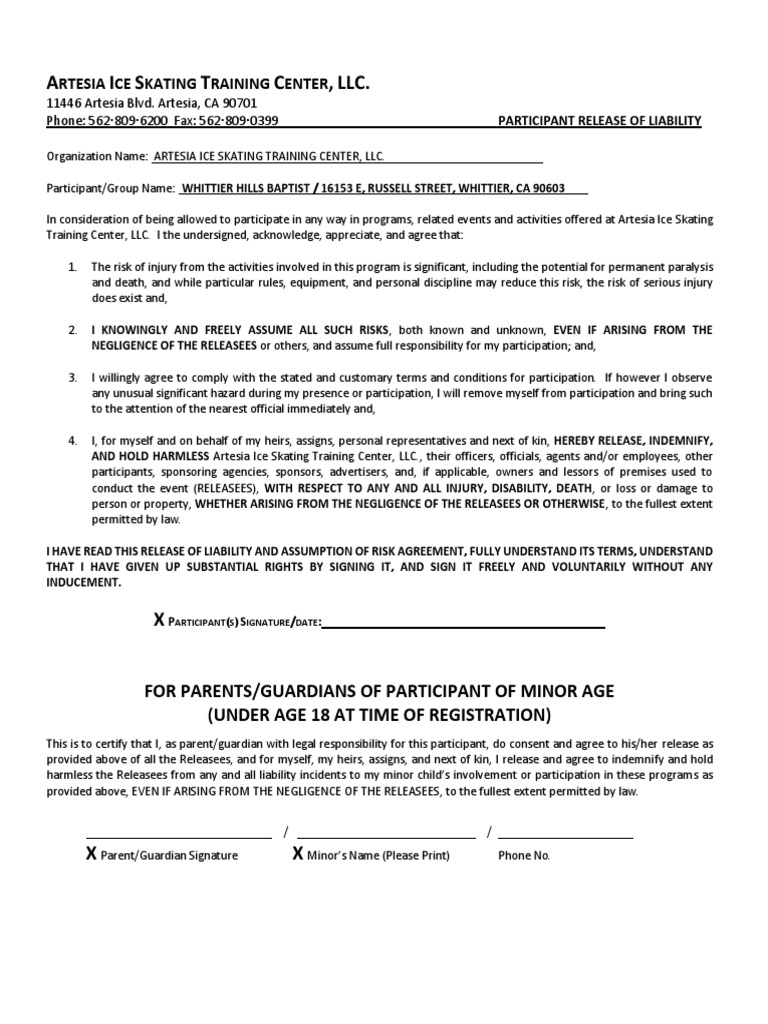 Artesia Ice Skating Release PDF Legal Guardian Negligence