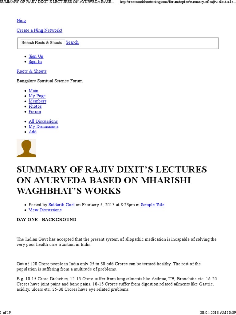 SUMMARY OF RAJIV DIXIT'S LECTURES ON AYURVEDA BASED ON MHARISHI WAGHBHAT'S WORKS Roots