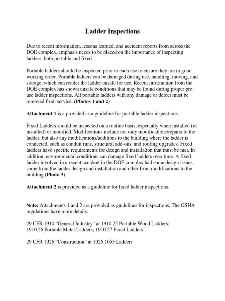 Fixed Ladder and StepLadder Inspection Checklist Ladder Nature