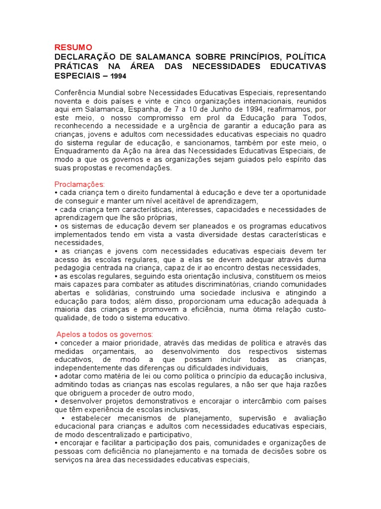 Resumo da Declaração de Salamanca | PDF | Escolas | Aprendizado
