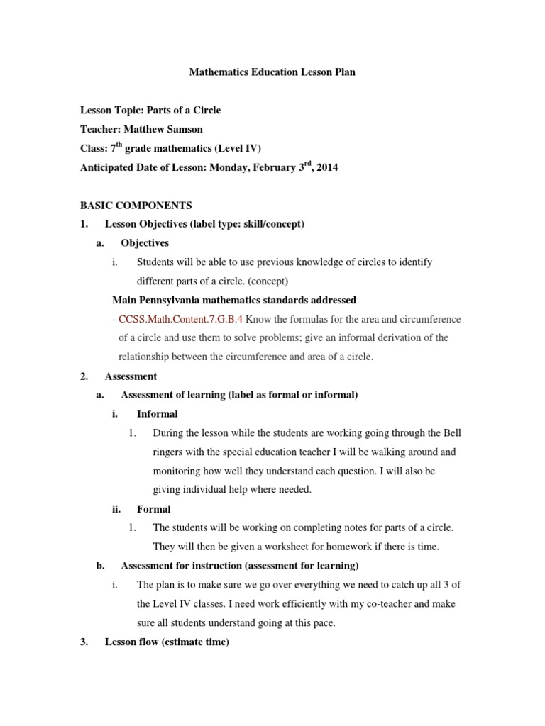 7th Grade Circle Parts Lesson Plan | PDF | Lesson Plan | Worksheet