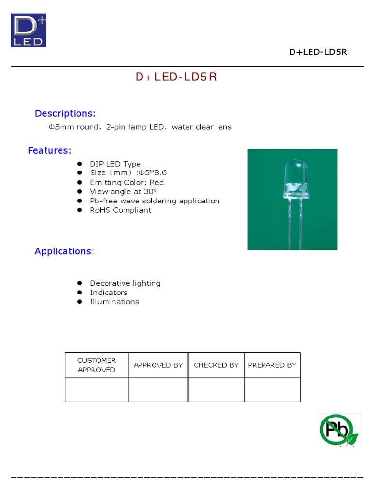 D+LED-LD5R Red LED Specifications | PDF | Soldering | Light Emitting Diode