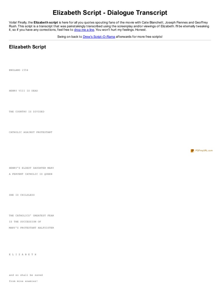 Elizabeth Script Transcript | PDF | Elizabeth I Of England | Mary ...