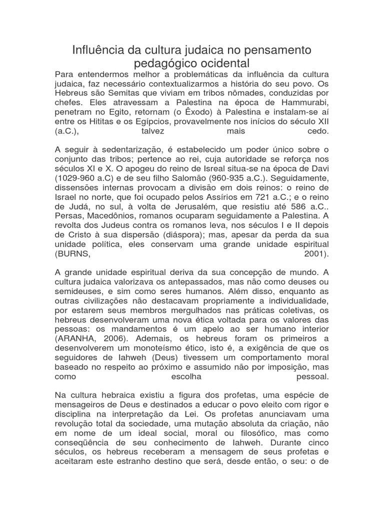A Influencia Da Cultura Judaica No Pensamento Pedagogico Ocidental