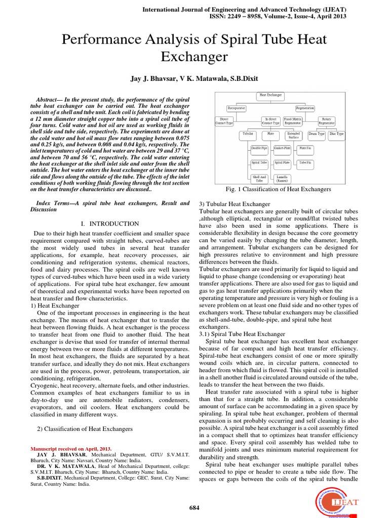Performance Analysis of Spiral Tube Heat Exchanger | PDF | Heat ...
