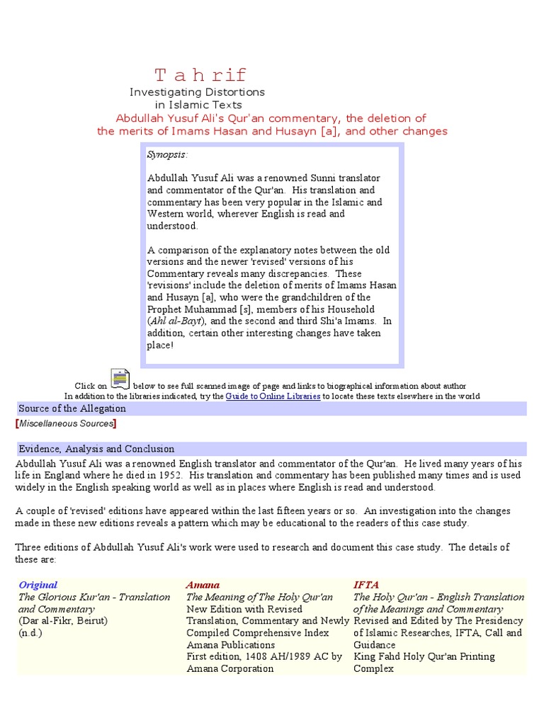 Tahrif Against Abdullah Yusuf Ali Husayn Ibn Ali Ahl - 