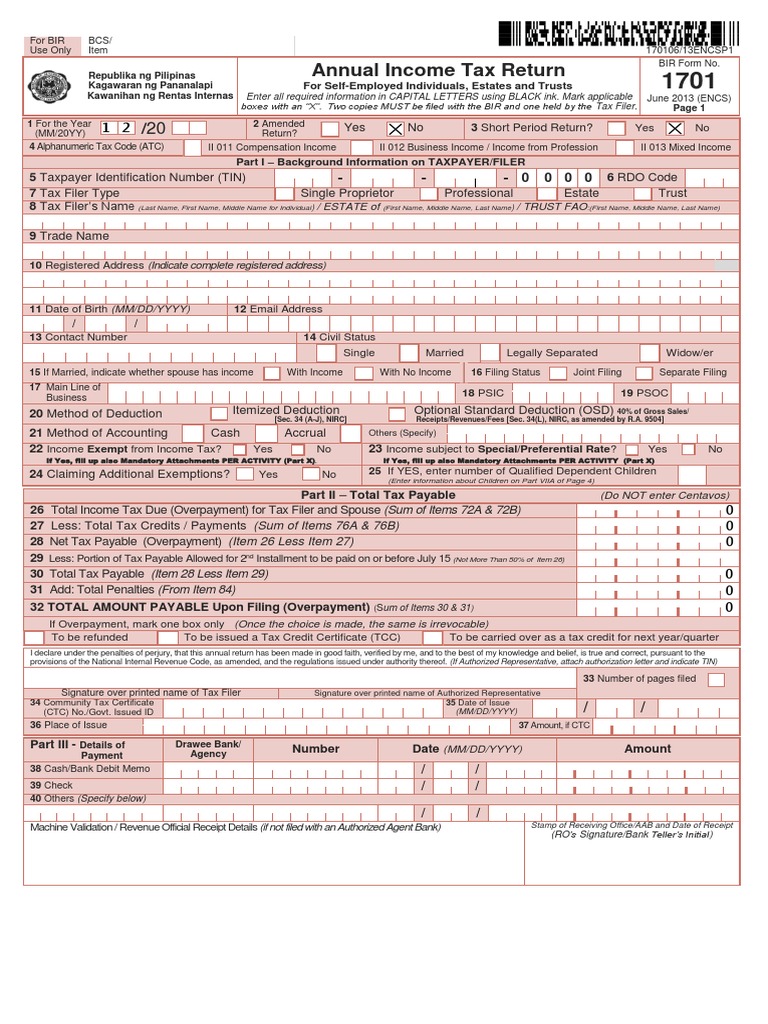 Philippines New Annual Income Tax Return Form 01 IAF JUNE 2013 | PDF ...