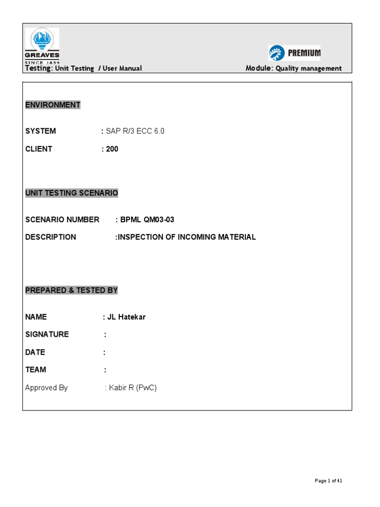 Inspection of Material Unit Testing Computer Engineering