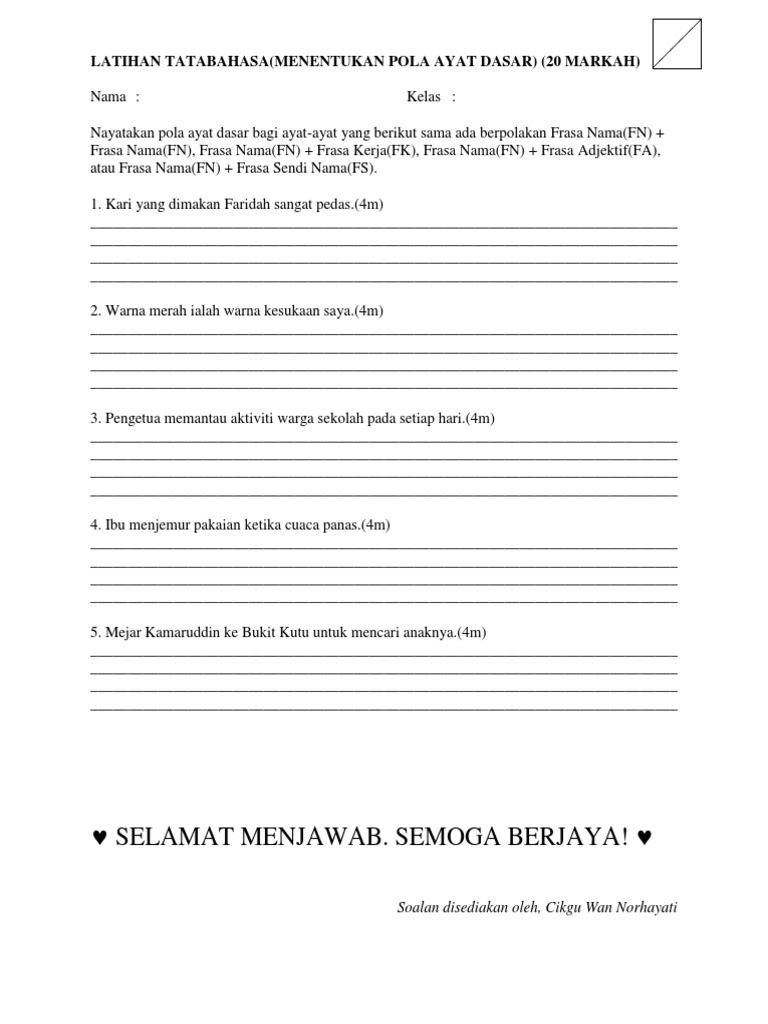Latihan Tatabahasa Menentukan Pola Ayat Dasar Tingkatan 4 Pdf