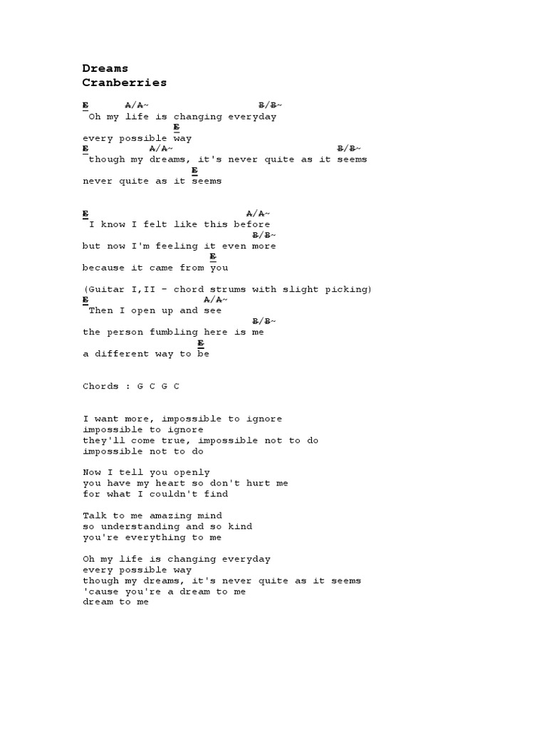 The Cranberries Dreams Lyrics And Chords
